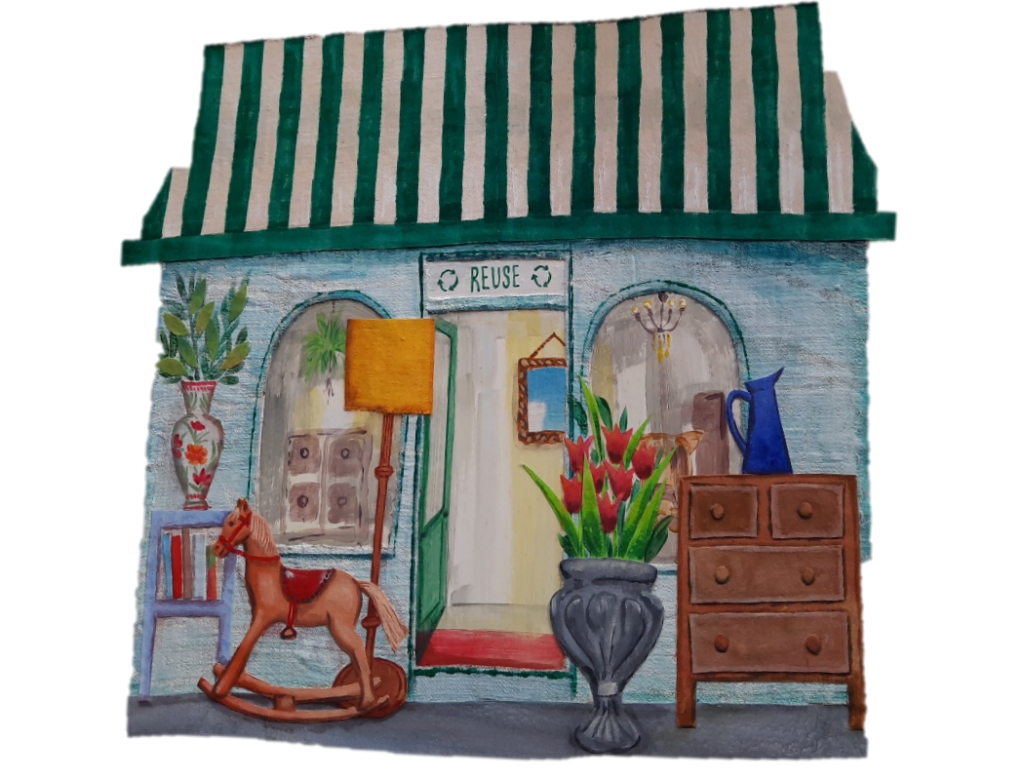 Drawing showing the outside of the Reuse Shop.