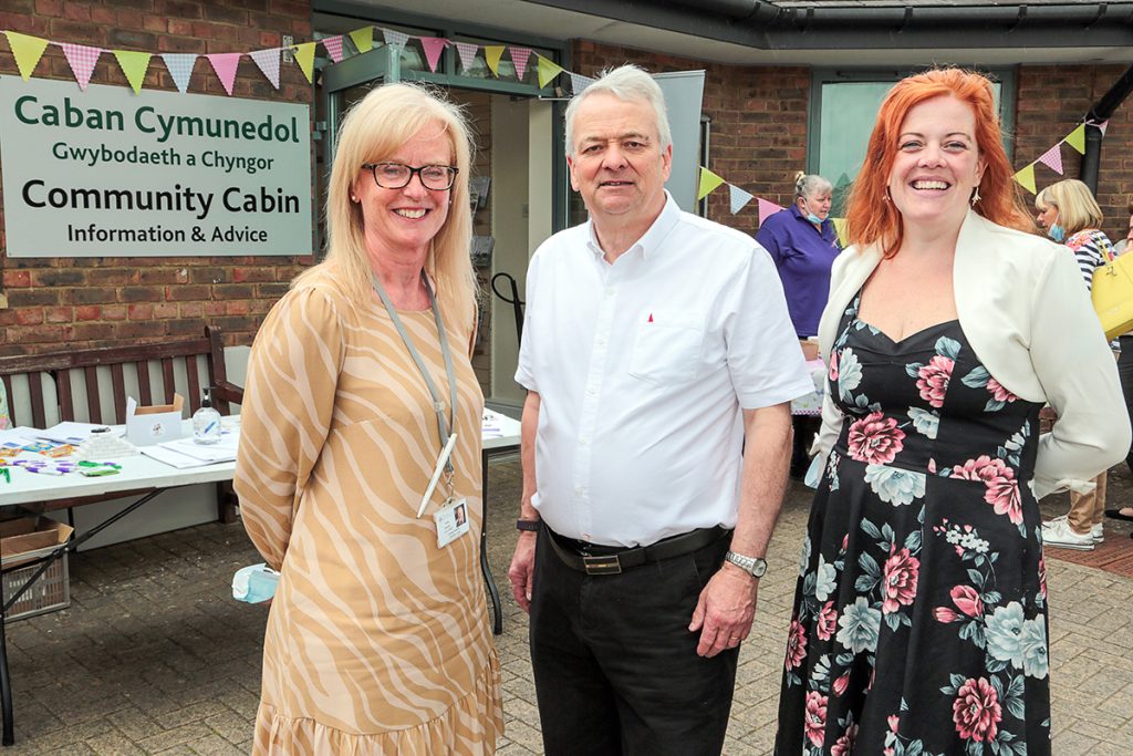 Trish Edwards, Head of Service for Monmouthshire Borough, Aneurin Bevan University Health Board, with Cllr Tudor Thomas, Cabinet Member for Care, Safeguarding and Accessible Health, and Stacey White of Caldicot’s TogetherWorks. 