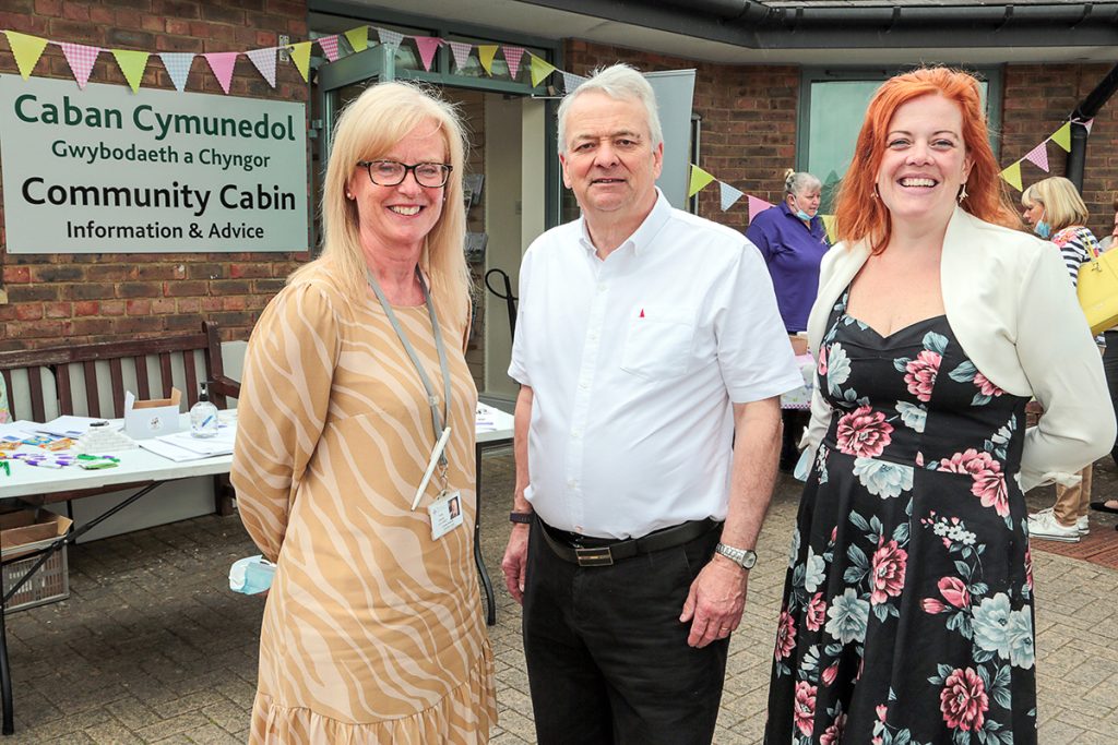Trish Edwards, Head of Service for Monmouthshire Borough, Aneurin Bevan University Health Board, with Cllr Tudor Thomas, Cabinet Member for Care, Safeguarding and Accessible Health, and Stacey White of Caldicot’s TogetherWorks.