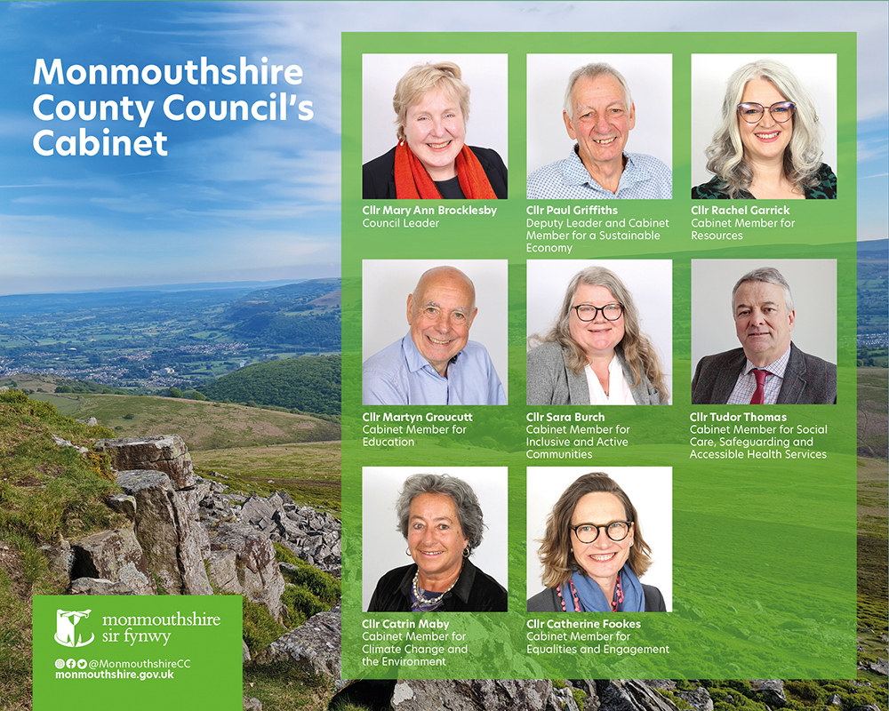 Image showing Monmouthshire County Council’s new Leader and Cabinet with their roles and names, as listed in the main article