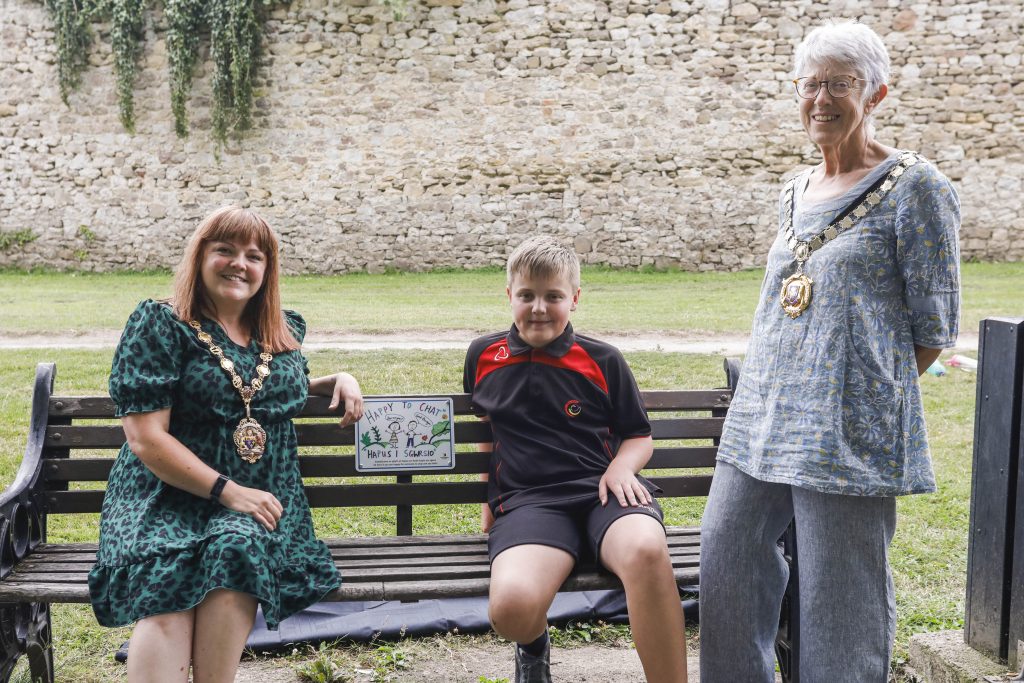 Cllr Laura Wright, Chair of Monmouthshire County Council, with Rohan, and Margaret Griffiths, Mayor of Chepstow