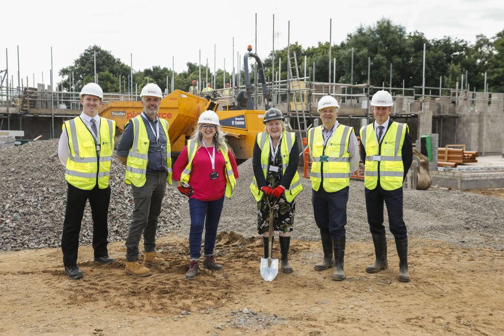 Monmouthshire County Council representatives on the site of the new Severn View Park care home: Nicholas Keyse, Development Manager, Estates; Colin Richings, Integrated Service Manager; Cllr Rachel Garrick, Cabinet Member for Resources; Cllr Mary Ann Brocklesby, Council Leader; Cllr Tudor Thomas, Cabinet Member for Social Care, Safeguarding & Accessible Health; Peter Davies, Deputy Chief Executive Officer of Monmouthshire County Council.