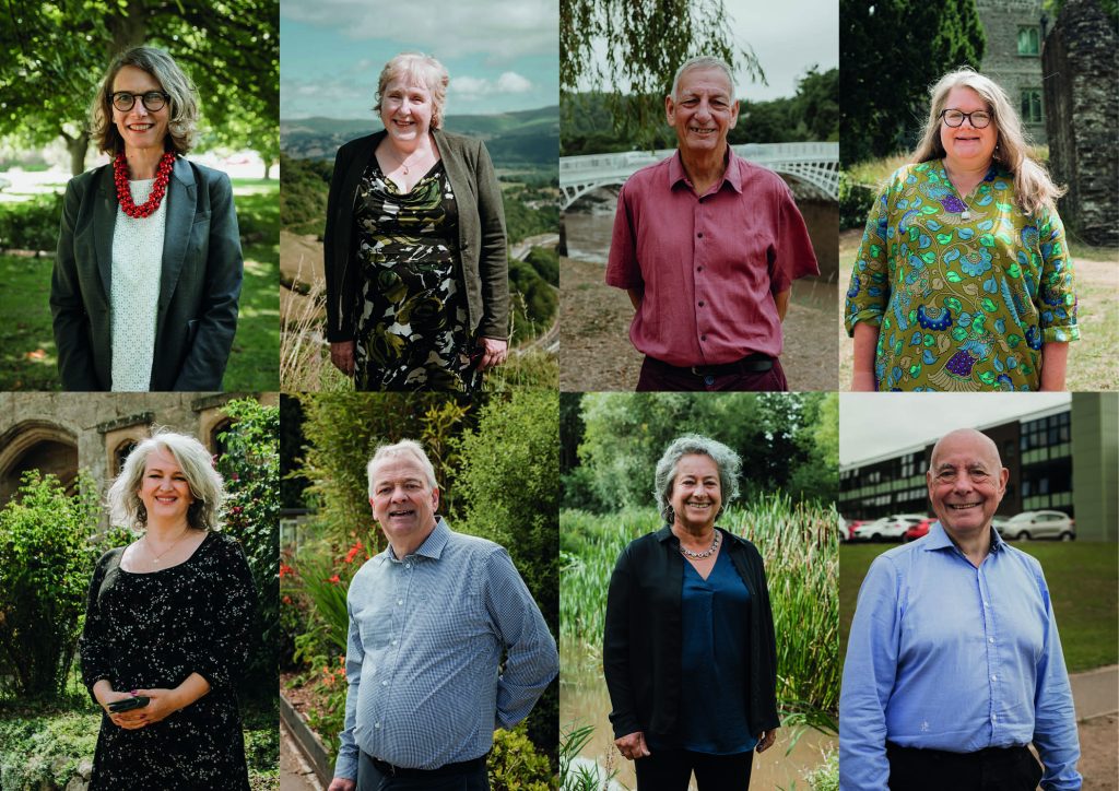 Clockwise from top left: Cllr Catherine Fookes, Cllr. Mary Ann Brocklesby, Cllr. Paul Griffiths, Cllr. Sara Burch, Cllr. Martyn Groucutt, Cllr. Catrin Maby, Cllr. Tudor Thomas, Cllr. Rachel Garrick.