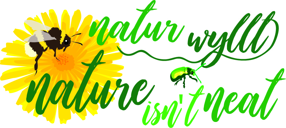 Nature Isn't Neat bilingual logo with bee, beetle and flower