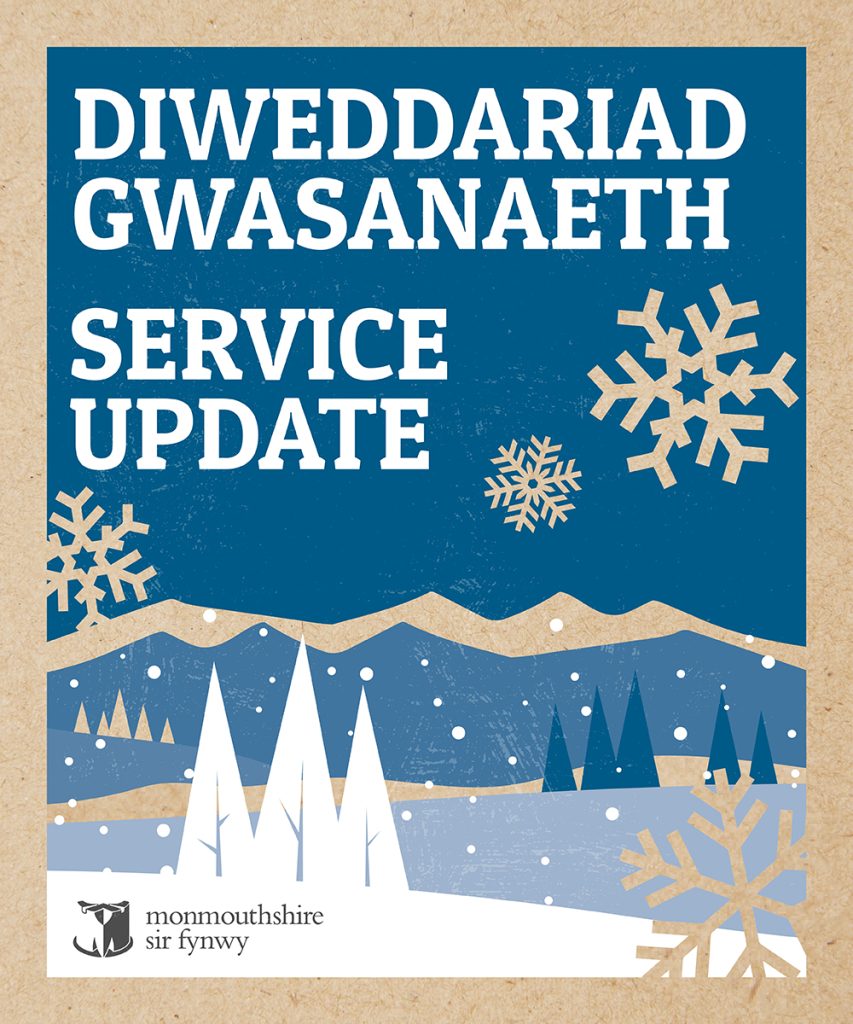Service Updates poster with snowflakes and snowy landscape