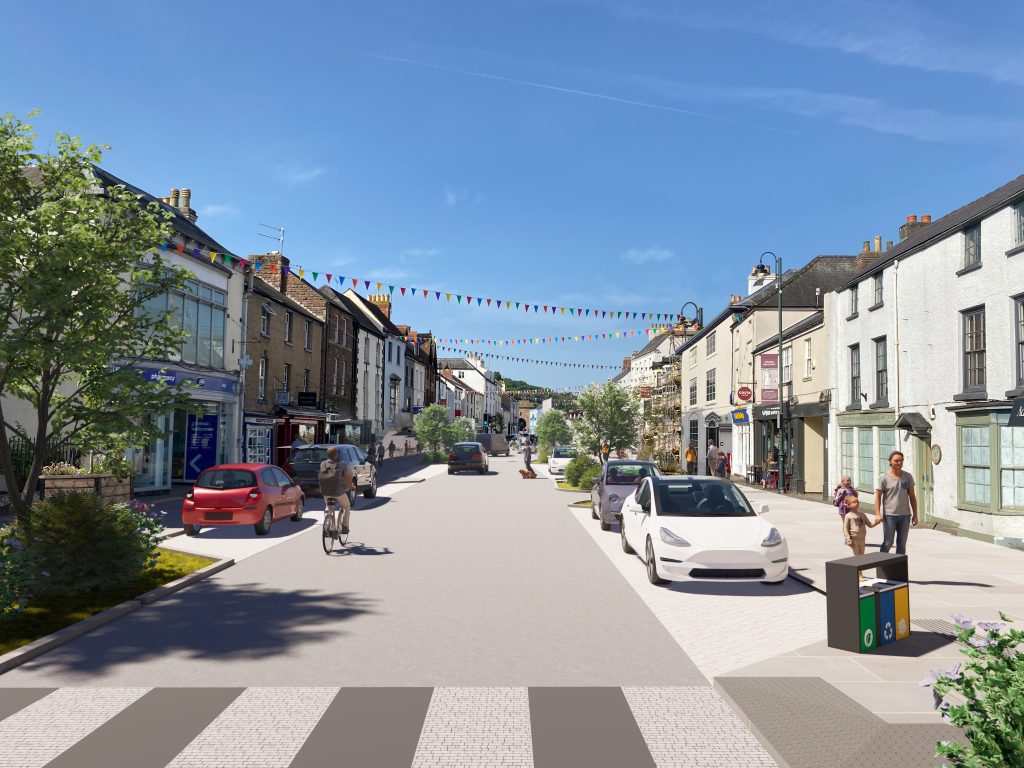 Concept image of Monnow street changes, people on the pathways, cars parked on either side of the road, with more green spaces on each pathway