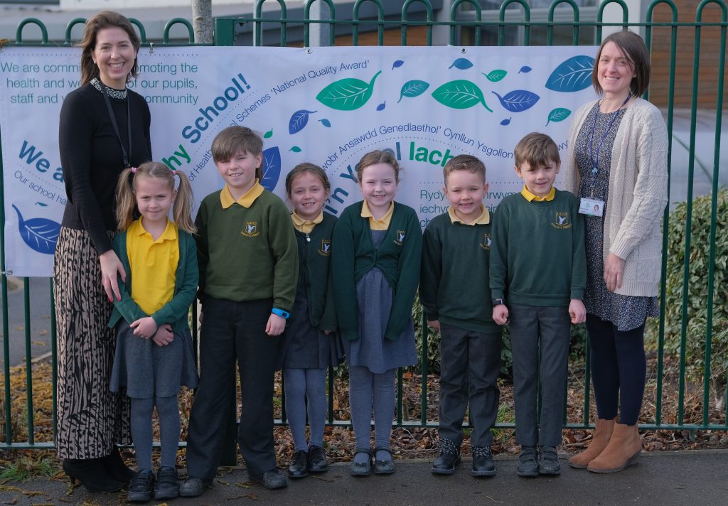 Photo: L-R: Head Teacher, Sue Marles, with pupils and teacher Laura Griffiths who all worked together to secure the Health School status