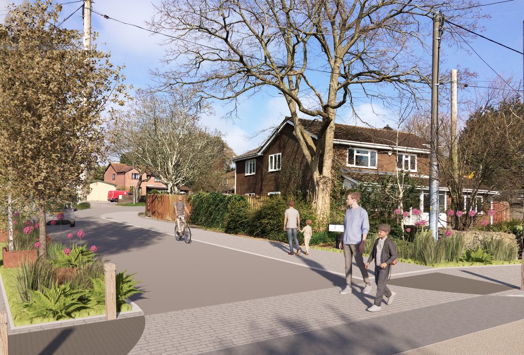 concept image of church road plans, tudor house, family walking on the street, bright sunny day 