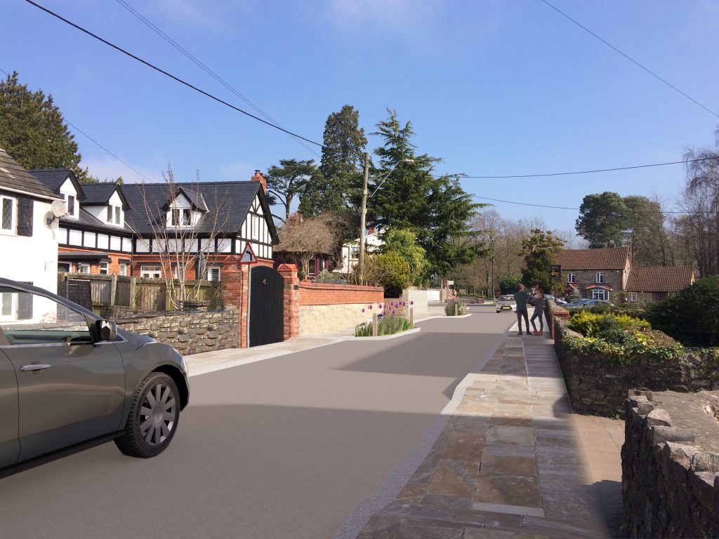concept image of church road plans, tudor house, car on the street, bright sunny day 