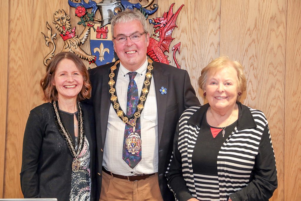 Chair Cllr Meirion Howells with his wife, Mrs Sarah Howells, and his mother, Mrs Iris Howells