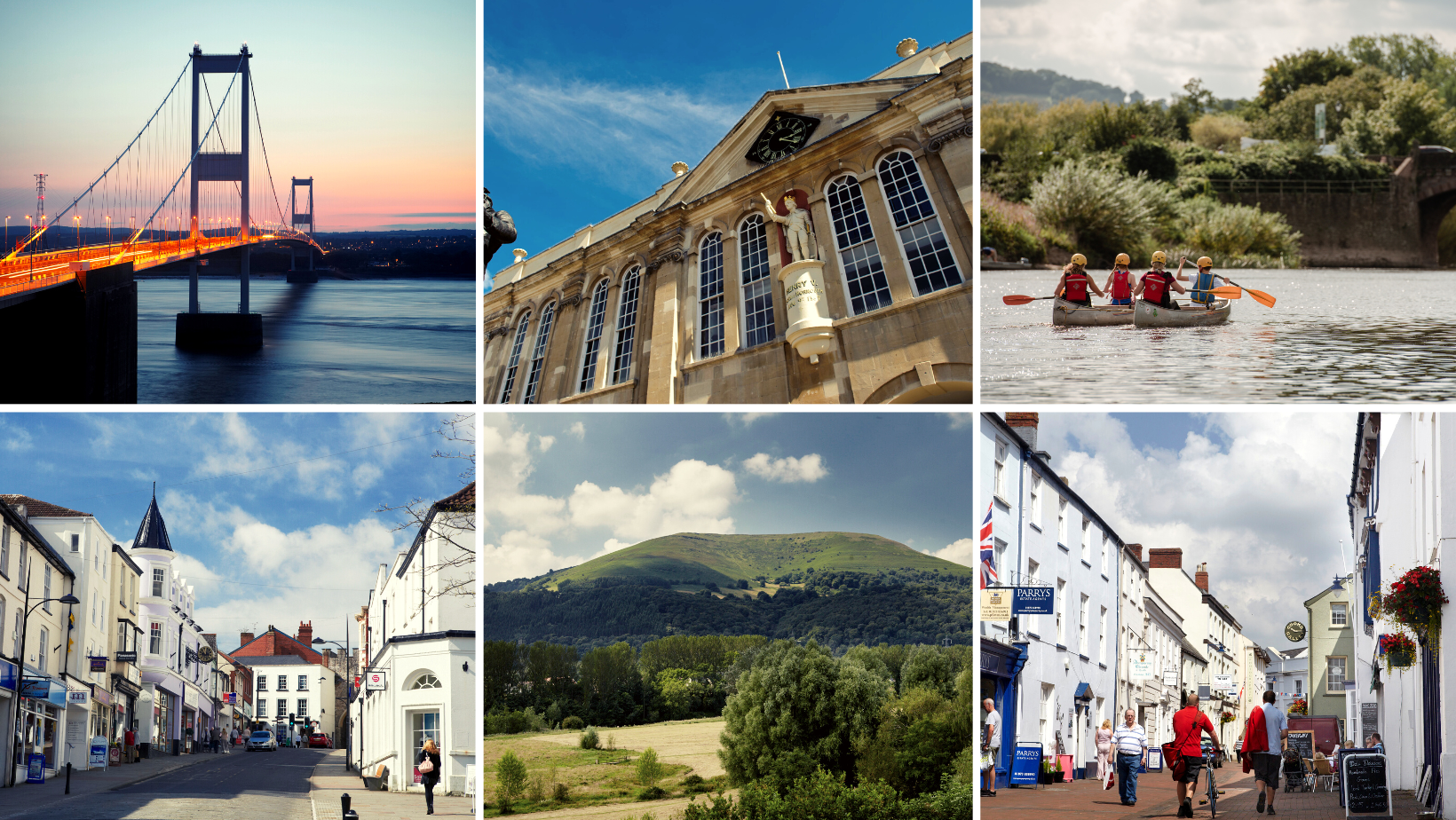 a Photo collage of places in monmouthshire including, the severn bridge, Shire hall, Wye River, the blorenge mountain and Abergavenny and chepstow high streets