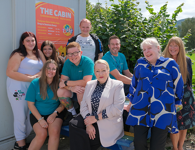 Minister for Finance and Local Government Rebecca Evans MS , MCC Leader Cllr. Mary Ann Brocklesby and Cllr Angela Sandles, Cabinet Member for Equalities and Engagement at The Cabin Youth Centre, Abergavenny.