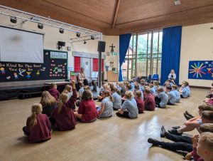 Cllr McConnel, Chair of the Council at Llantilio Pertholey Primary School