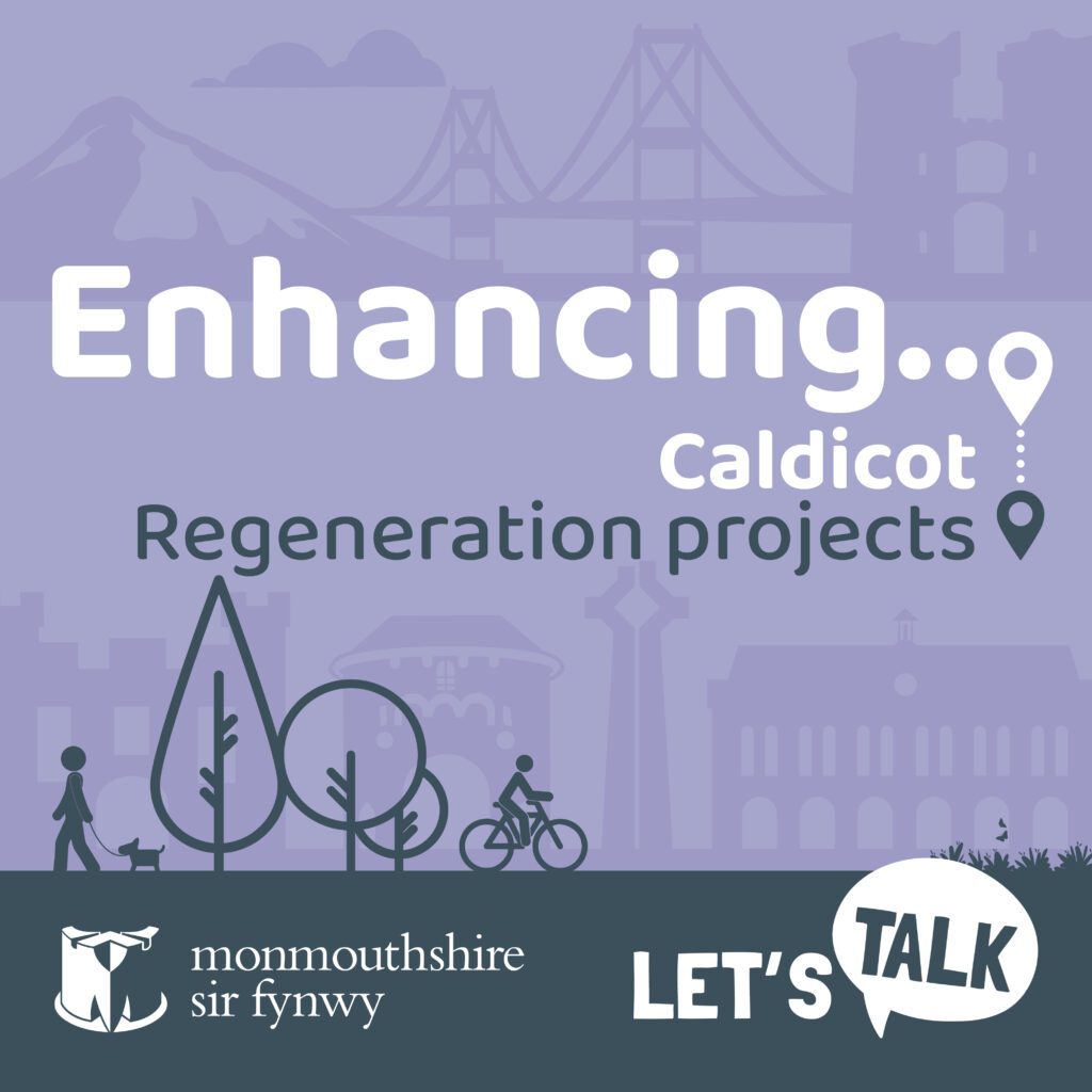 Enhancing Caldicot, Regeneration projects,
Purple Background, with illustrative icons of people walking a dog and cycling amongst trees